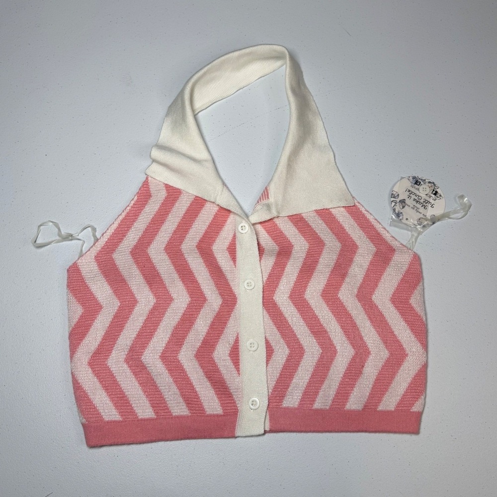 Full Circle‎ Halter Top Small Pink Chevron Button Front Knit Crop Top
